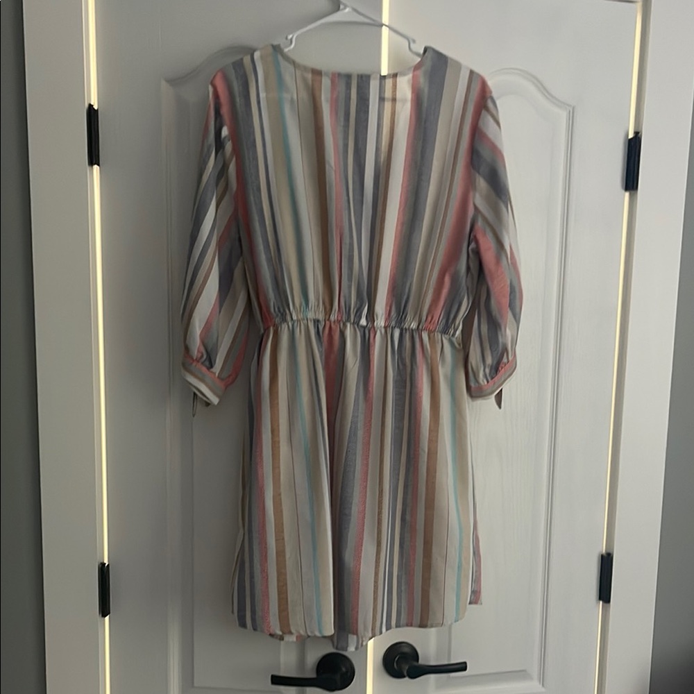 Blush Tan and Gray Wrap Sundress with Cuffed Sleeves - Picture 5 of 5